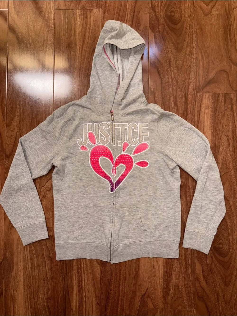 Justice Gray Hoodie & Jogger Set with Pink and Purple Heart Design